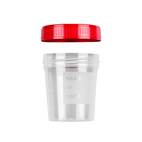 Pot 125 ml fond plat stérile bouchon rouge 